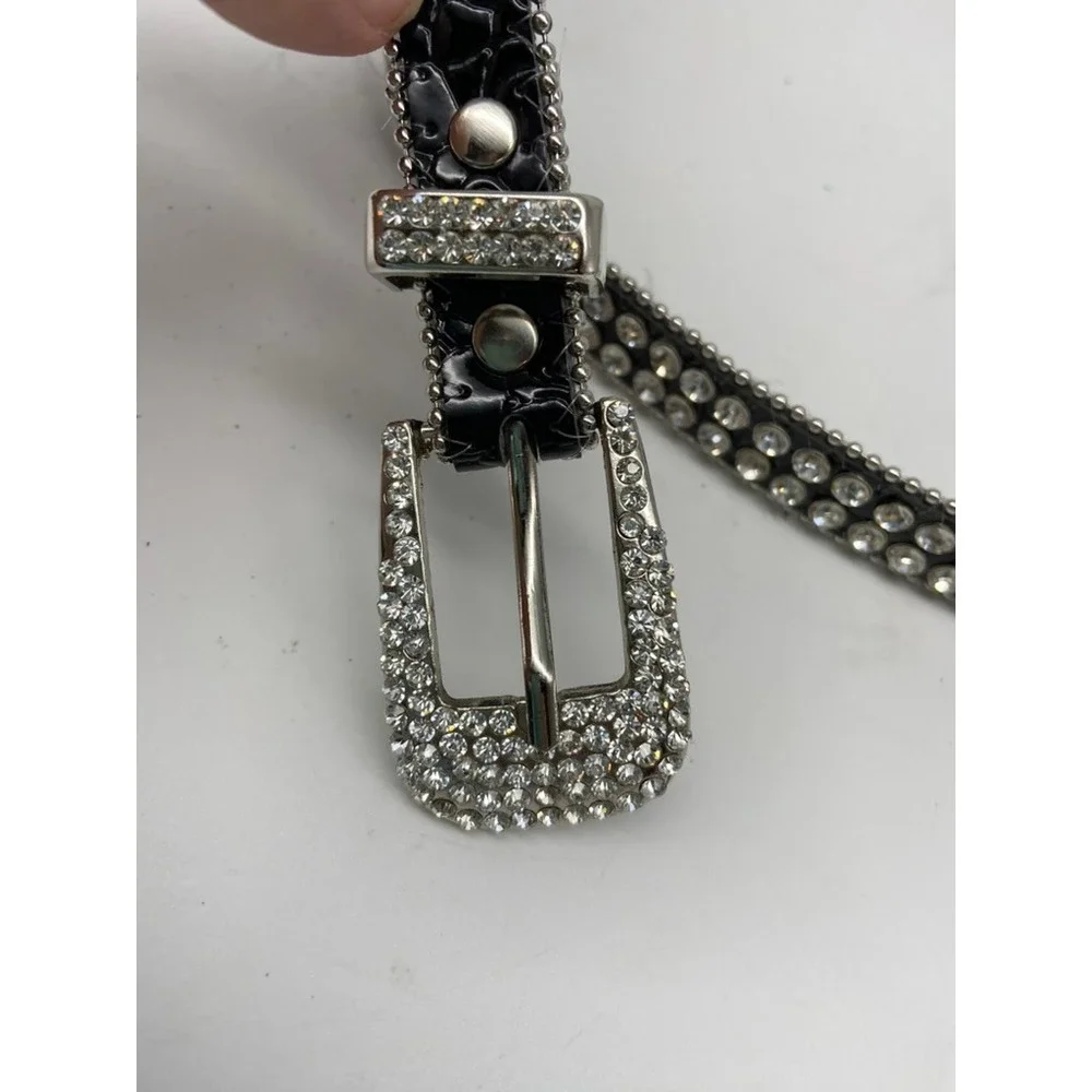 Boutique Rhinestone Belt Womens Sz SM Bling Crystal Studded Fashion Silver Black